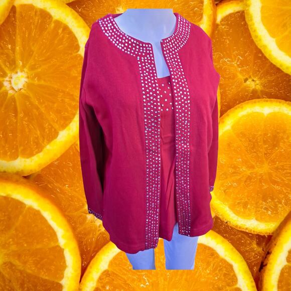 The Quacker Factory Women's Pink Jewel Neck Embellished Duet Pullover Top Size M - Picture 1 of 11